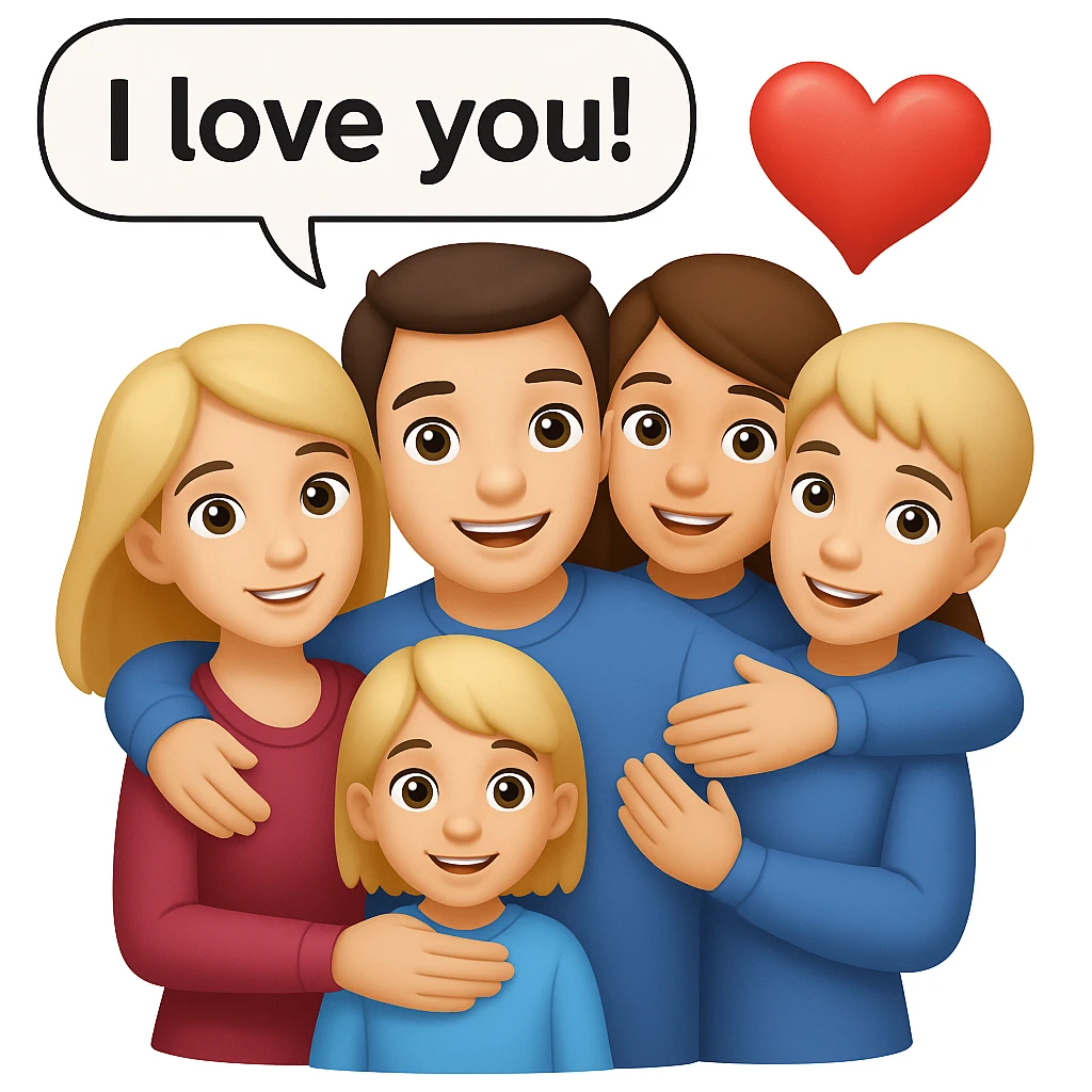 Add a speech bubble with the greeting 'I love you!' to the image, keeping the emoji style cheerful and expressive emoji
