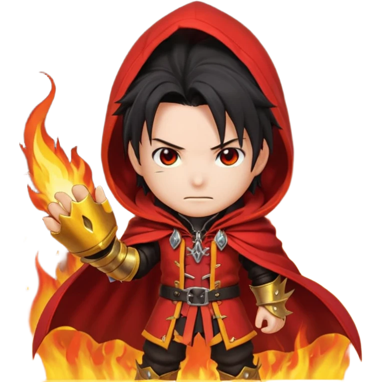 Vincent Valentine from Final Fantasy 7, chibi style, red cloak, golden gauntlet, spiky black hair, mysterious expression, surrounded by fire emoji