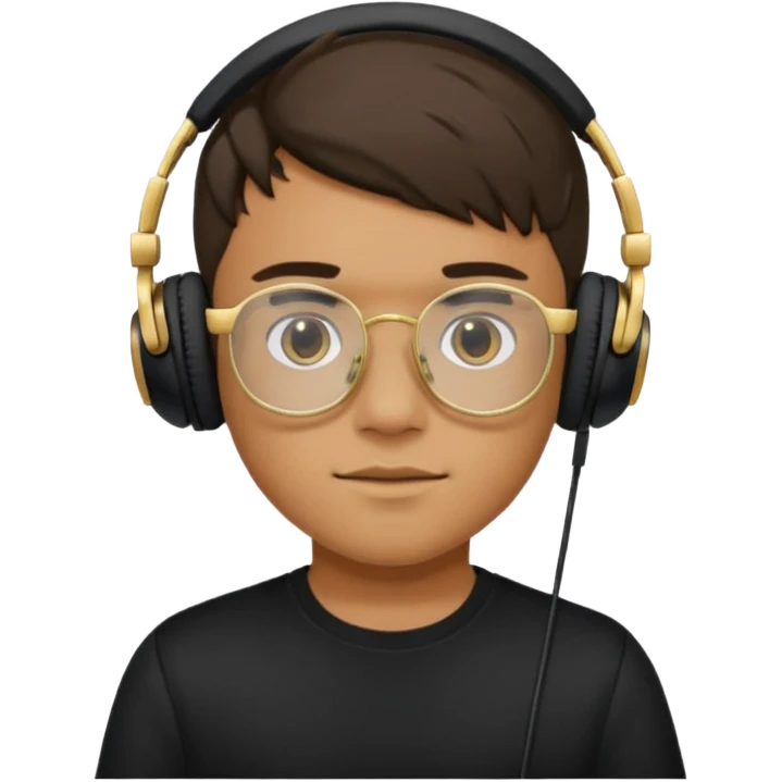 Un chico usando una camisa negra y audífonos, junto con sus lentes puestos de marco dorado. Diciendo GG arriba de su cabeza! emoji