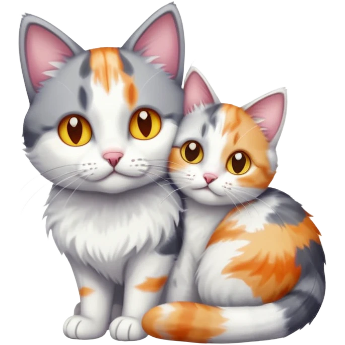 grey and white cat cuddling a colourful light patched calico + white tabby cat emoji