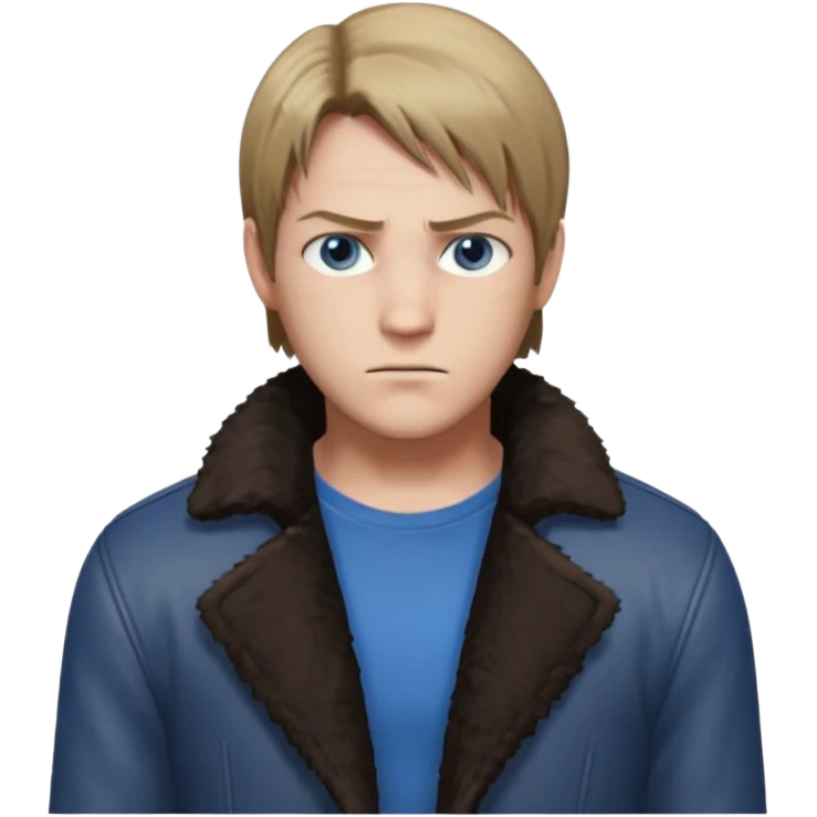 Leon Kennedy from resident evil 4 remake in sheepskin coat and black t-shirt blue eyes clean-shaved emoji