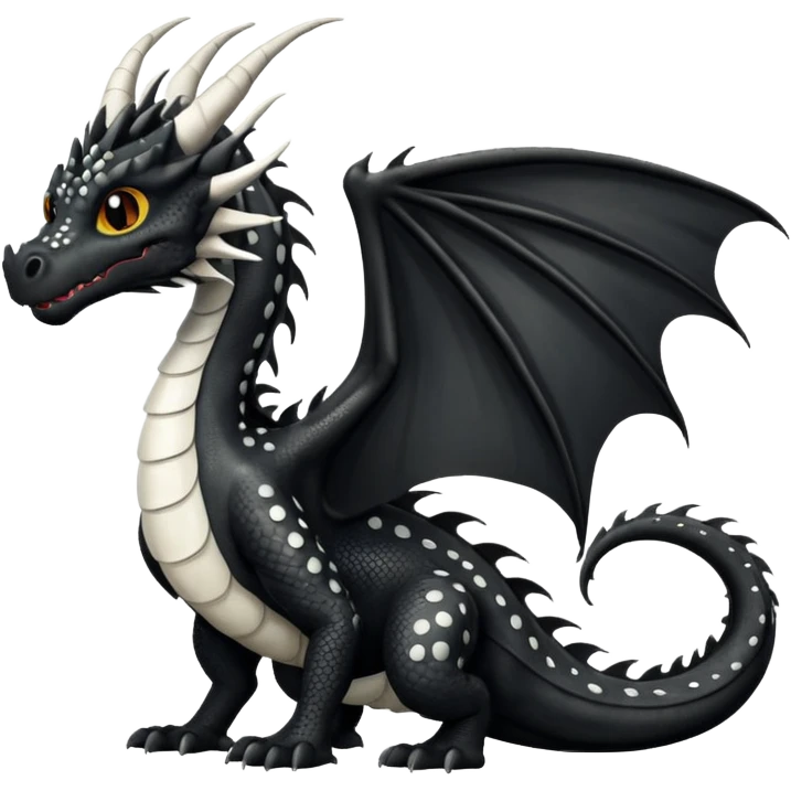 A dragon that is  black 🖤 with white spots. HUGE wings and a tail emoji