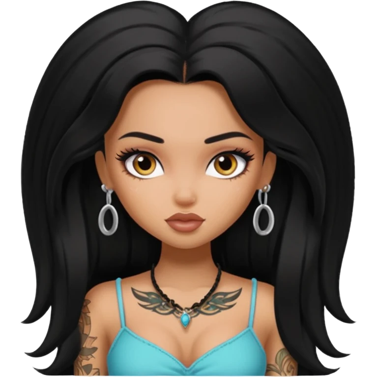 black long hair ,  pretty bratz baddie with small tattoo emoji