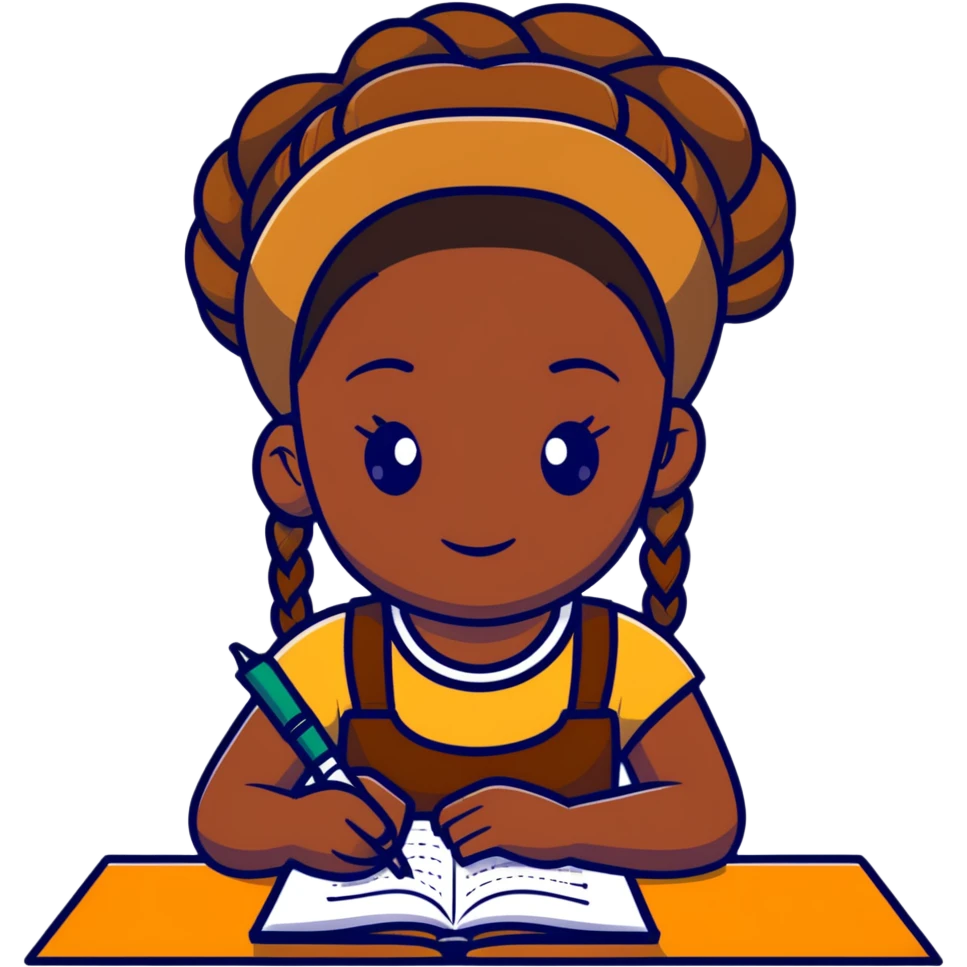 African girl student with brown skin and braided hair writing with book and pen emoji