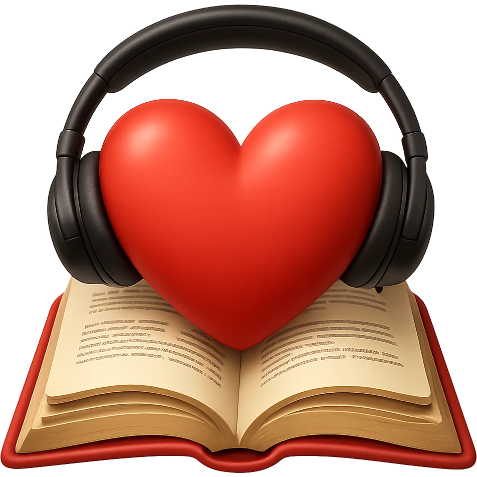 Add headphones to the heart over an open book emoji, keeping the background transparent. The headphones should be clearly visible and integrated naturally with the emoji's elements. emoji