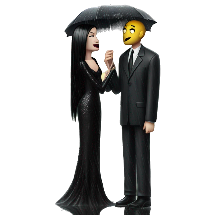 Realistic silkstone morticia addams gentle kissing sweetly Kurt Cobain in the rain. emoji