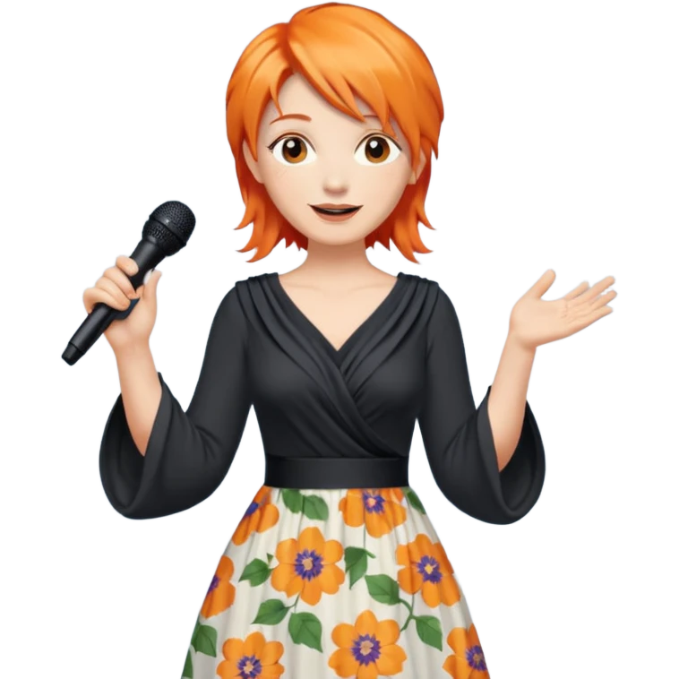 singer, Middle age, orange hair, happy, holding mic, wearing dress emoji