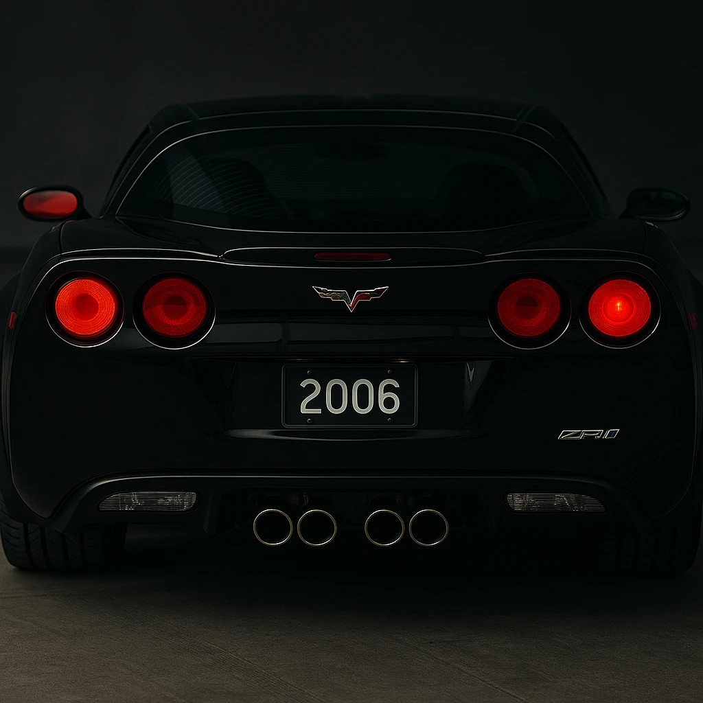 a black 2006 Chevrolet Corvette C6 ZR1 with a red headlight, detailed, sporty, rear view emoji