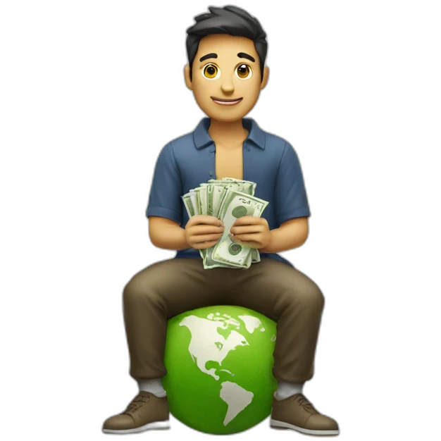 man sitting on globe with money bag emoji