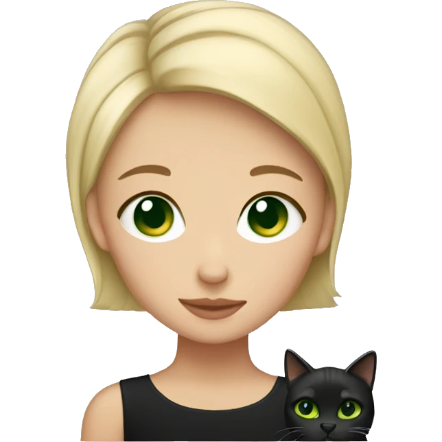 short hair blonde girl with green eyes cuddling black cat emoji