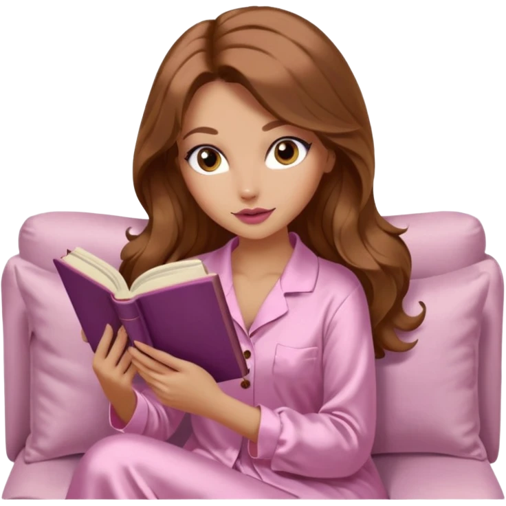 Woman with light tanned skin reading a book on Beige sofa. Long wavy medium brown hair. Beige ivory colour background. Very pale pink silk pyjamas. Realistic. Foxeye with long lashes. Pinky mauve lips. emoji