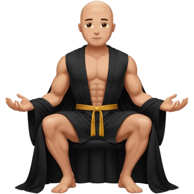fullbody jacked bald guy, sleeveless and unbuttoned in black robe sitting emoji