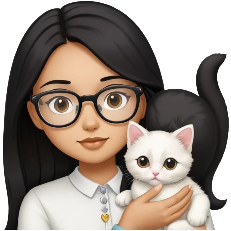 Girl with long black hair and glasses holding a white kitten emoji