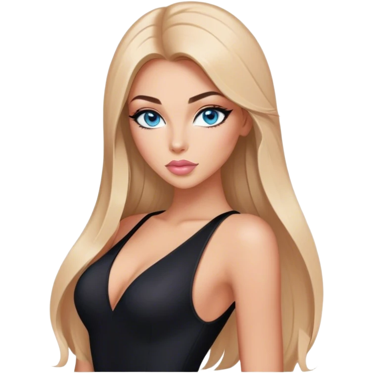 Glamours, tanned, beautiful, girl, with blue eyes, big pump peach-beige-rose lips, eyeliner, long lashes, black straight smooth silky long hair, parting hair in the middle,  in black v-neck bodysuit emoji