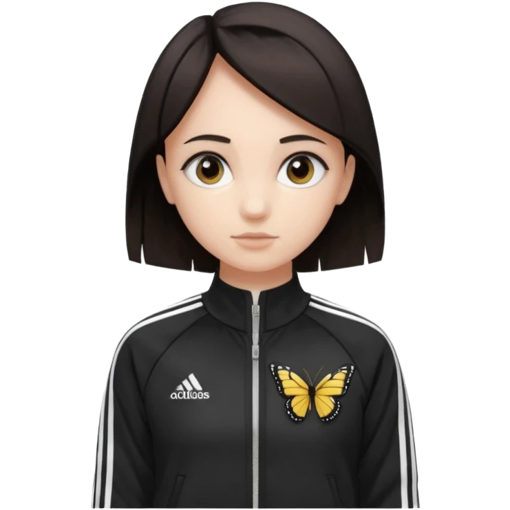 A girl with  medium length, dark hair, fair skin. The style is a butterfly  cut and wore black Adidas track jacket with white stripes on the sleeves. It has a full zipper down the front, a stand-up collar, and the Adidas logo on the right chest emoji emoji