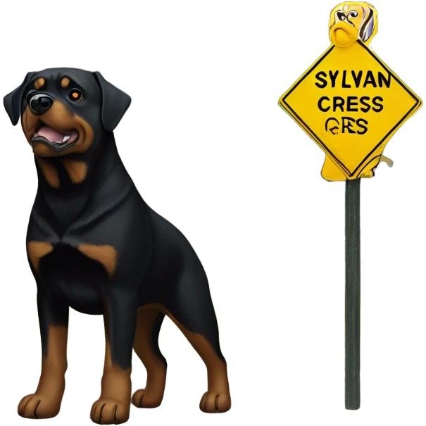 Rottweiler standing next to street sign saying sylvan cres emoji
