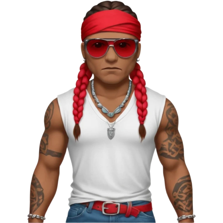 Samoan male.
loose fitting white t-shirt. 
Red bandana. 
Red jeans. 
long braided hair.
very muscular.
tattoos. 
Tough and menacing. 
Gangster sunglasses. emoji