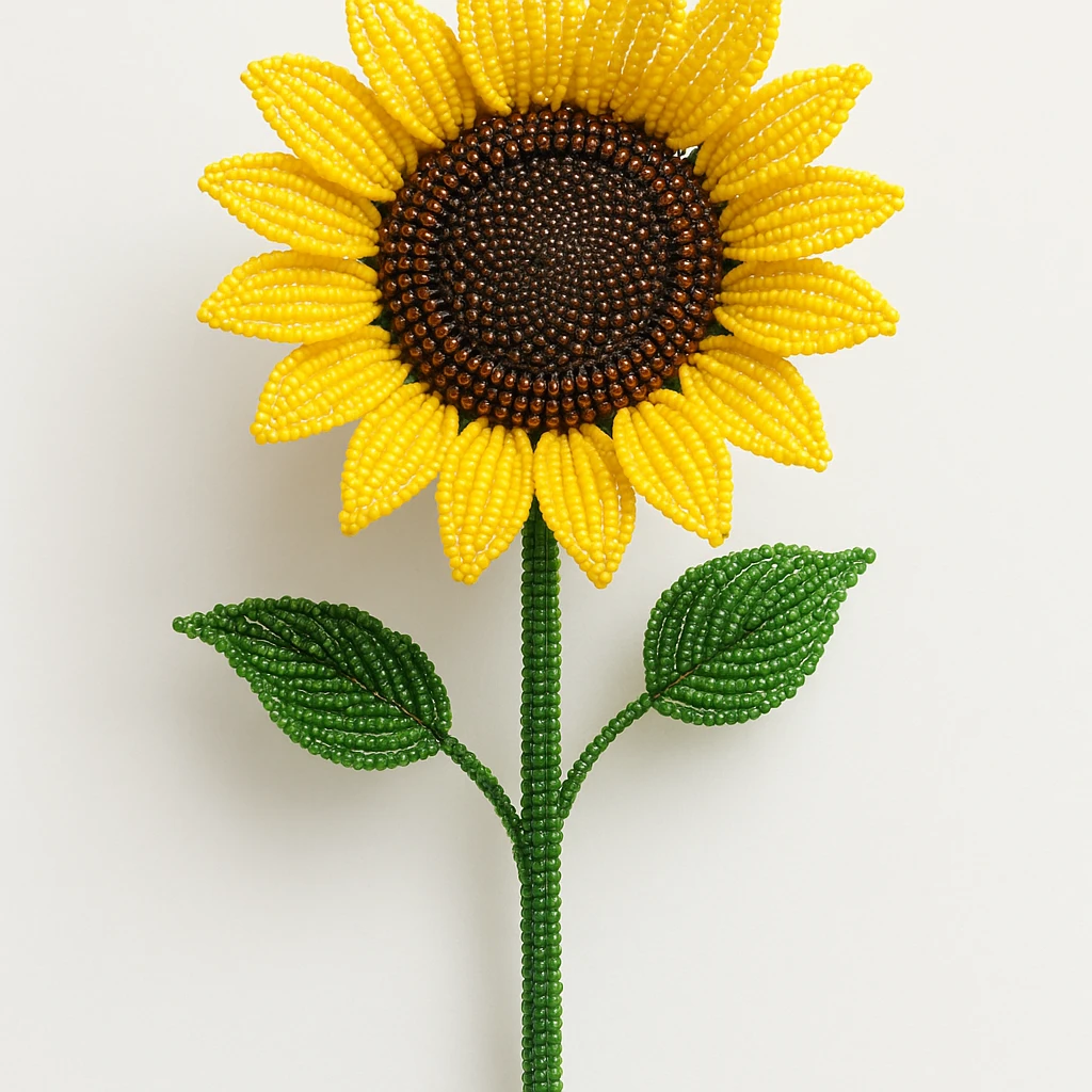 french beaded sunflower with stem, intricate glass beadwork, realistic, vibrant yellow petals, green beaded stem, detailed floral craft, isolated on white background emoji