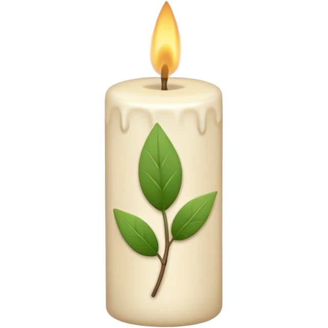 Minimal emoji-style illustration of a candle with a tiny green leaf accent, earthy neutral colors, soft rounded shapes, clean aesthetic look. emoji