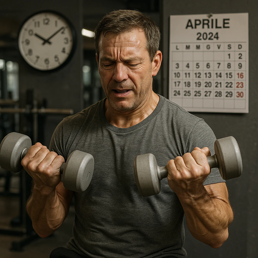 hyper realistic man doing many repetitions with light weights in gym, clock and calendar in Italian symbolizing passing time, realistic details, gym background emoji