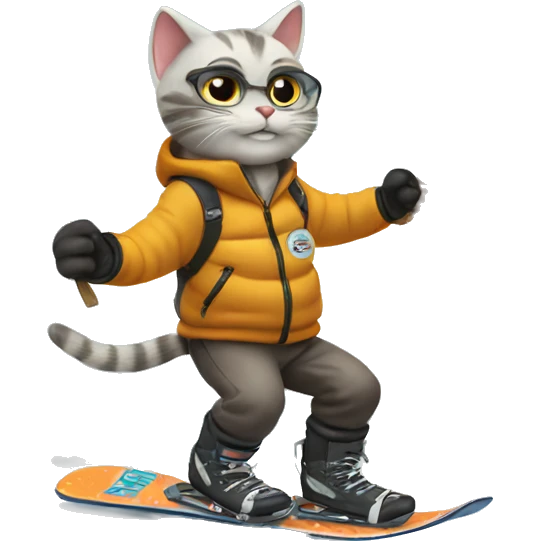 Cat on a snowboard holding a sign that says “LETS GO!!”  emoji