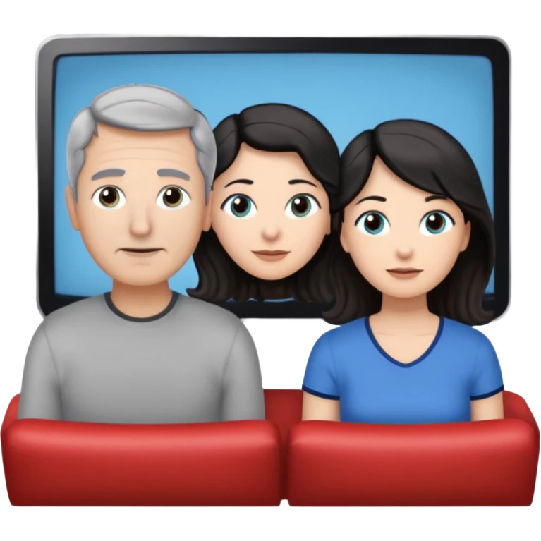 middle-aged couple Watches a movie in the living room • Physical description: • man: brown eyes; very short grayish-black hair • woman: Long wavy silver grayish-brown hair tied in a ponytail; blue eyes emoji