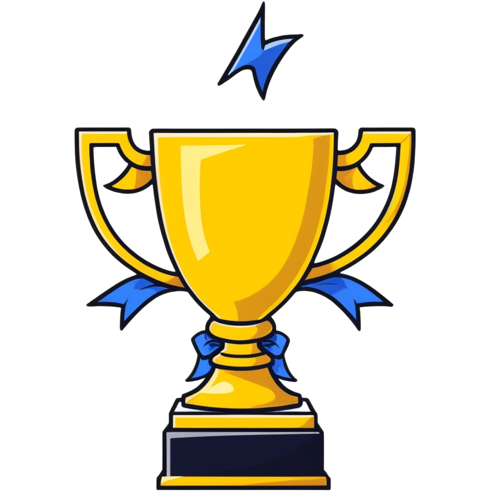 golden championship trophy with blue ribbons emoji