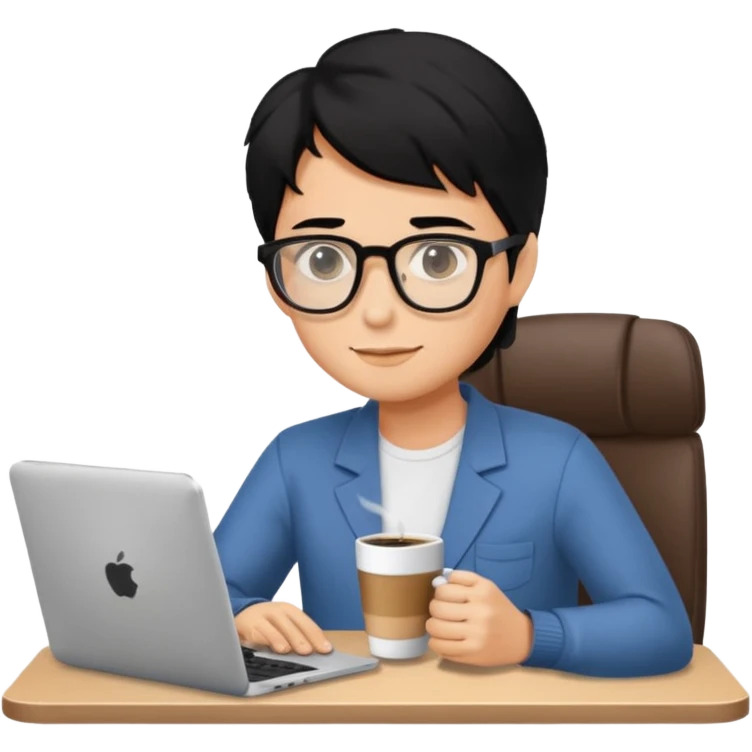 Working remote with coffee with black hair, not so white emoji