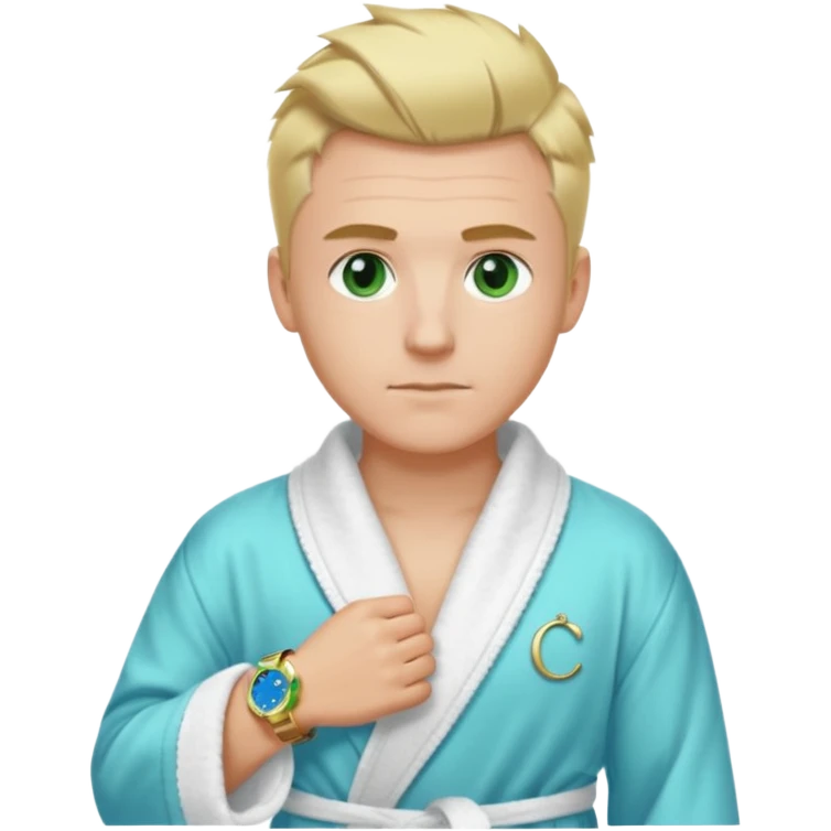 A white man with green eyes, medium-length blond hair in a low mohawk, a blue Cartier watch on his wrist, and a luxurious bathrobe. emoji