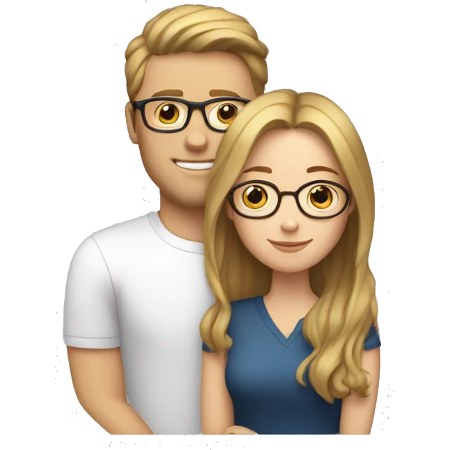 A white woman with brown hair and blonde highlights and a white man with brown hair and glasses hugging emoji