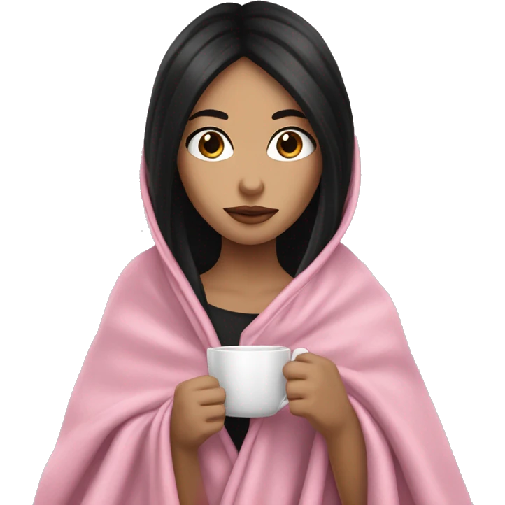 A pretty white girl with very long black hair  in a pink blanket sipping coffee emoji