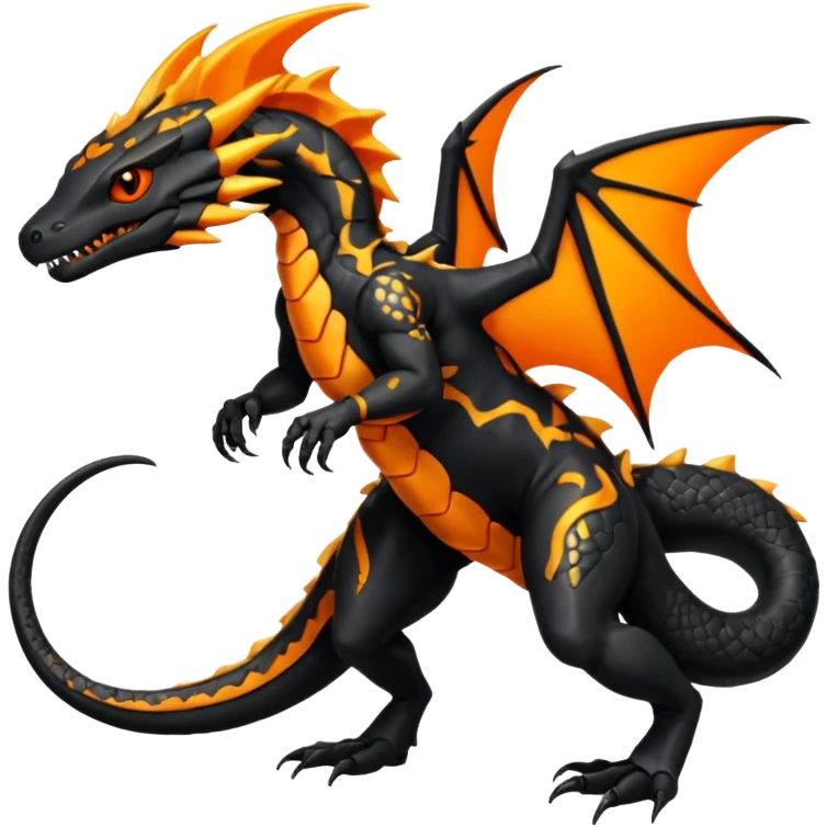 Magmatic fiery badass cool obsidian-Black and golden-orange Helioptile-Amaura-Salandit-Fakémon-hybrid-creature (full body)  emoji