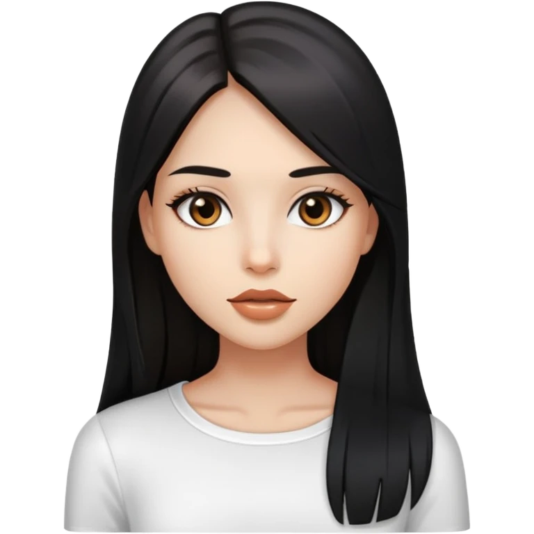 Chica pelo negro,liso y largo,ojos marrones,top blanco,y labios con gloss transparente emoji