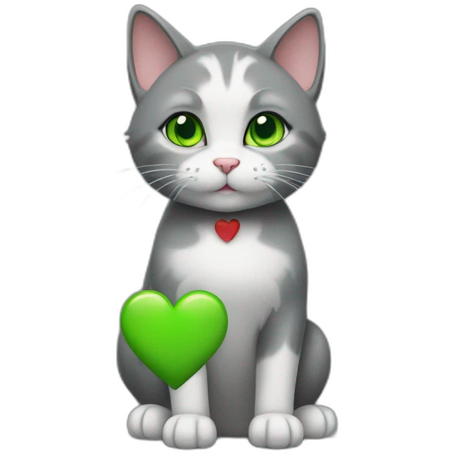 a cat with green eyes and gray fur holding a heart in its paws. emoji