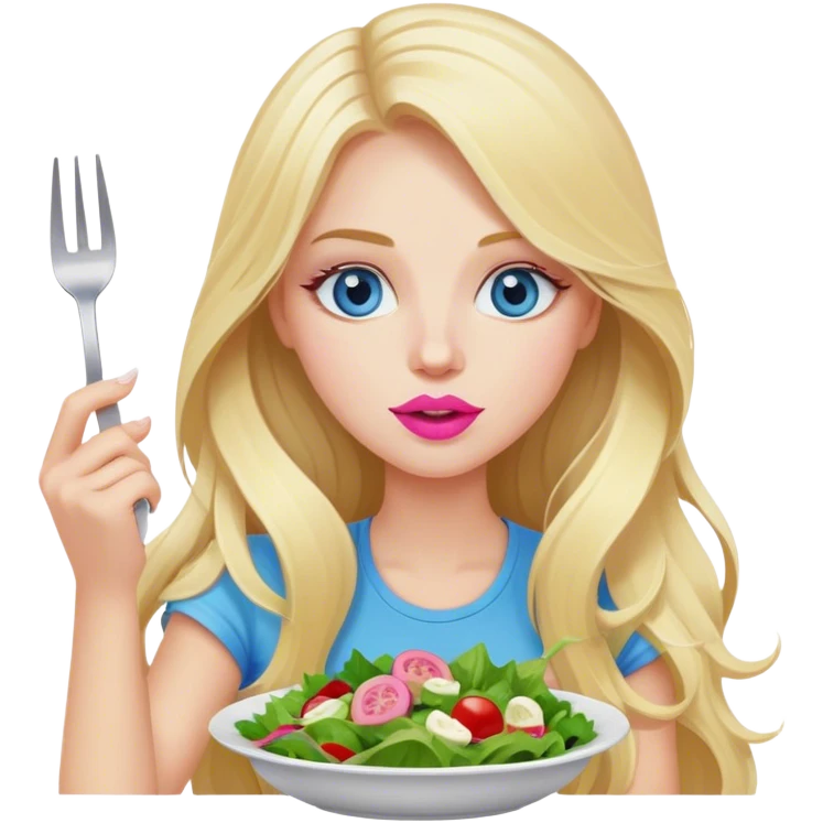 A cinematically realistic blonde with long hair, blue eyes and pink lips eats a salad with a fork emoji