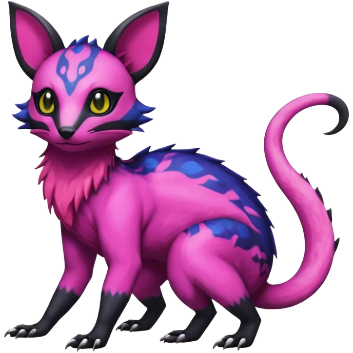 Rare epic aesthetic colorful Salandit-Noibat-Eevee-Civet-species-Fakemon-hybrid-creature, with markings, full body emoji