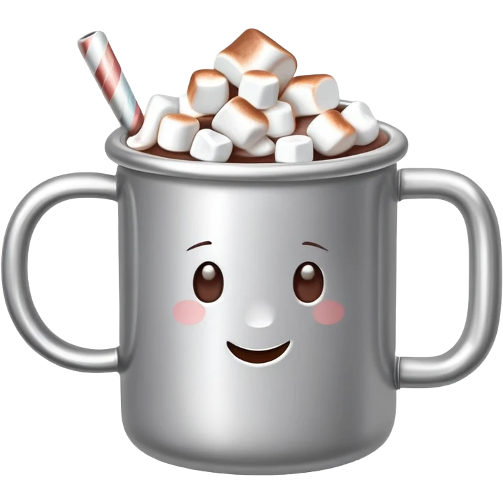 hot chocolate in a silver colored mug with marshmallows  emoji