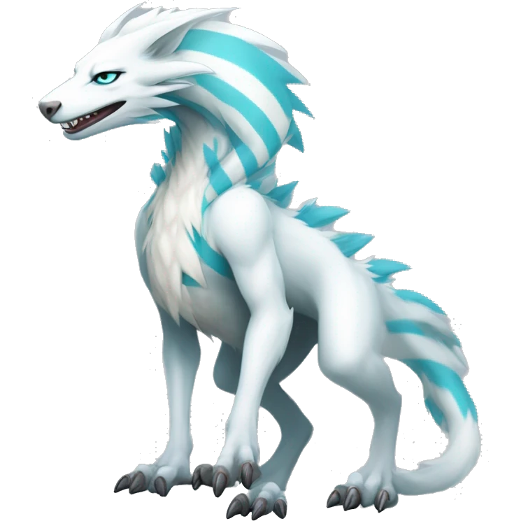 White elegant beautiful natural cute badass epic anthro modern albino sergal-vernid-Fakémon with cyan mane, with cyan edgy stripes, anthropomorphic, two-legged, digitigrade, full body emoji