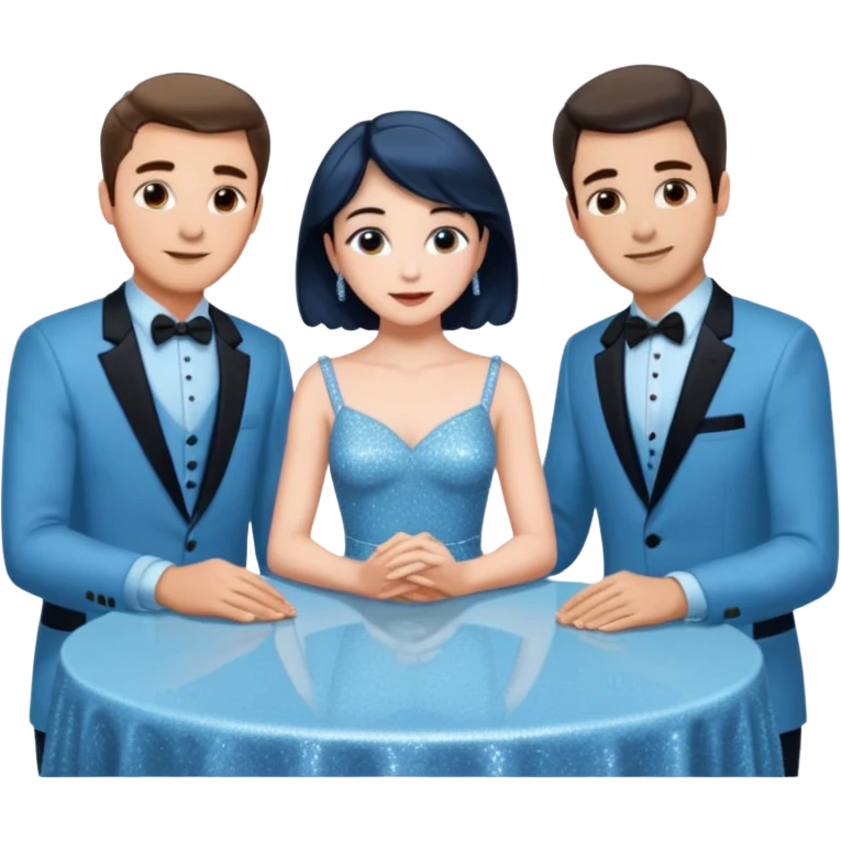 Sabrina’s carpenter in a light blue sparkly dress at a table with 3 handsome men facing each other and she is standing up putting her hand out  emoji