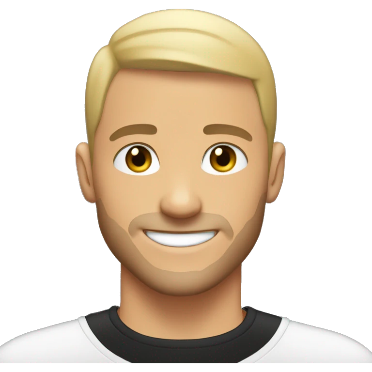 white Young man, with black buzz cut, and a faded beard, smiling really happy, and muscular but with a black t shirt on emoji