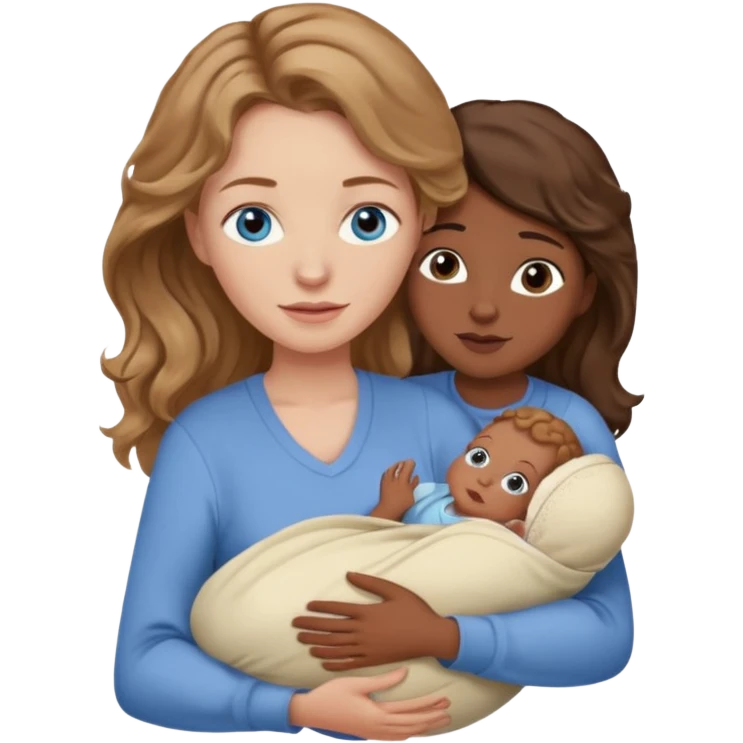 Caucasian woman with light brown wavy hair and blue eyes and dark skinned one newborn only days old  in carrier emoji