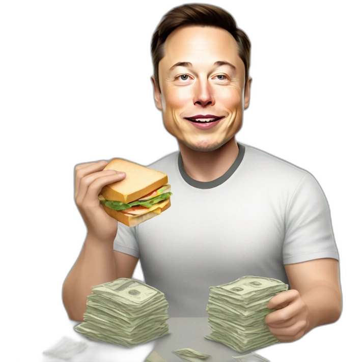 elon musk. eating a sandwich filled with dollar bills. money emoji