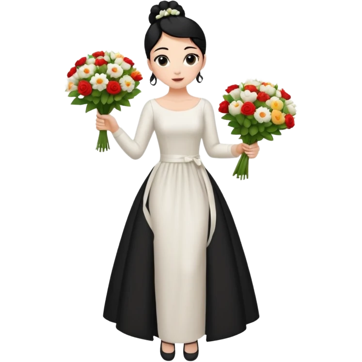 Chica blanca,cuerpo entero, vestido boda asimétrico sin vuelo manga larga de piel, pelo negro,    ramo de flores una mano, pelo recogido en moño alto emoji
