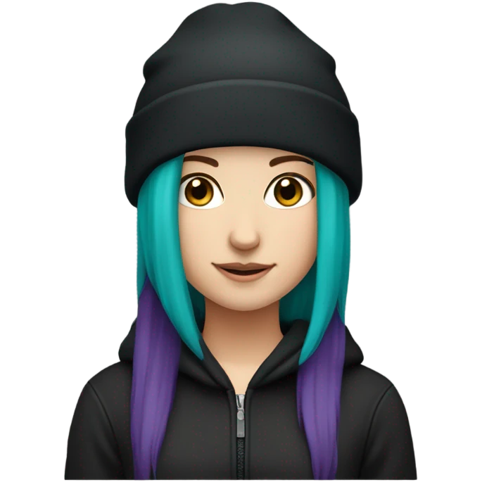 White girl, black hoodie, teal hair, purple beanie hat emoji