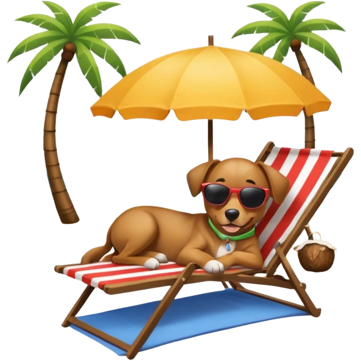 a dog laied on a beach chair, a sunny beach, a sun umbrella, and beach coconut trees. the icon should capture the essence of a relaxing beach vacation with a carefree atmosphere emoji