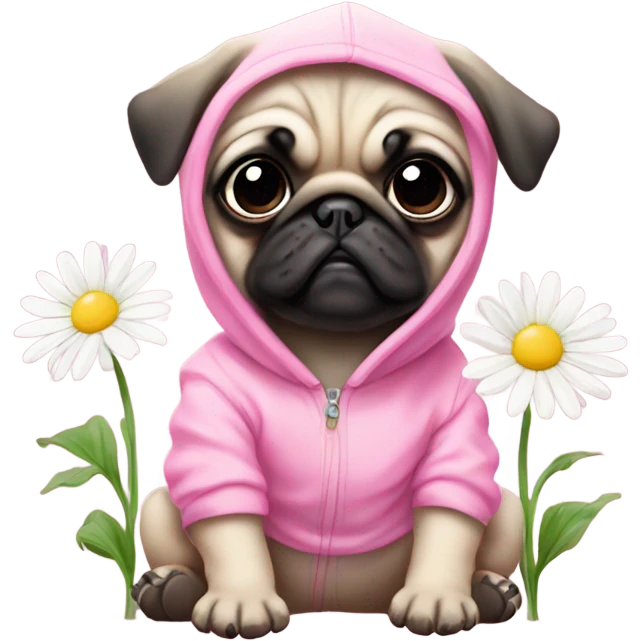 Cute Baby Pug with pink eyes wearing a pink hoodie eating daisy's  emoji