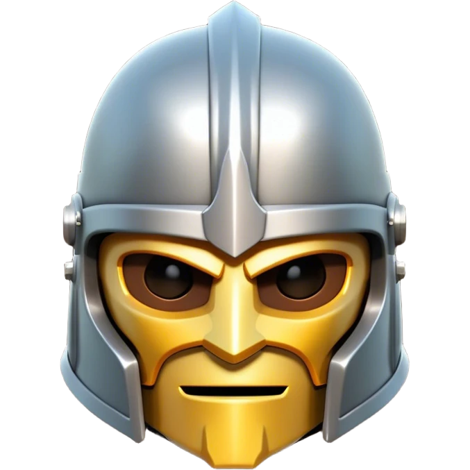 Clash of Clans aesthetic: Cinematic heroic Steel full face Helm Emoji, rendered in a 3D vector-style similar to standard emojis with minimal shading and bold, simplified shapes. A compact, isometric helmet crafted of shining steel with intricate engravings and a protective visor, softly glowing with a noble warrior charm. Simplified yet unmistakably iconic, highly detailed and consistent, glowing with a soft radiant gleam and high polish. Stylized with a touch of chivalric tradition and a soft glowing outline, capturing the essence of a stalwart battle helm with a friendly, playful manner! emoji