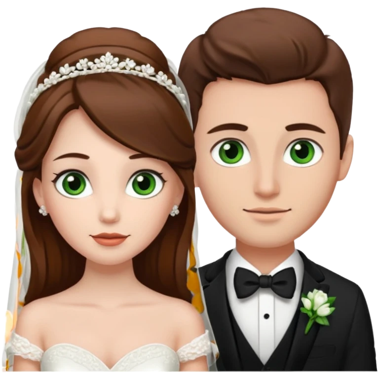bride and groom white skin brown hair, bride has brown eyes, groom has green eyes emoji