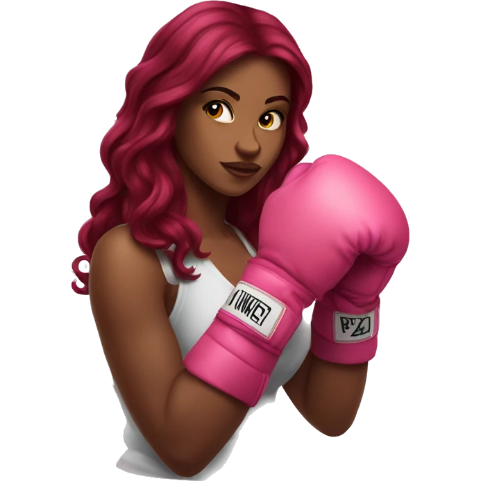 Beautiful tattooed  burgundy long haired woman boxing with pink gloves emoji