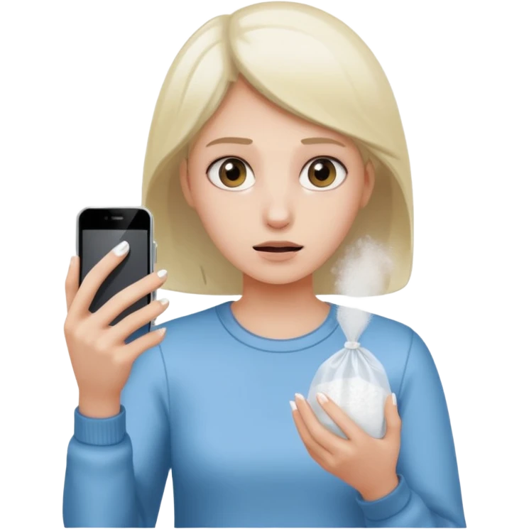 she's anxious , has a transparent tiny pastic bag full of white powder, and her phone in the other hand emoji